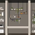 Stylish Wall Cabinets In Home Interior With Green Plants Mugs Books And Decorative Shelves