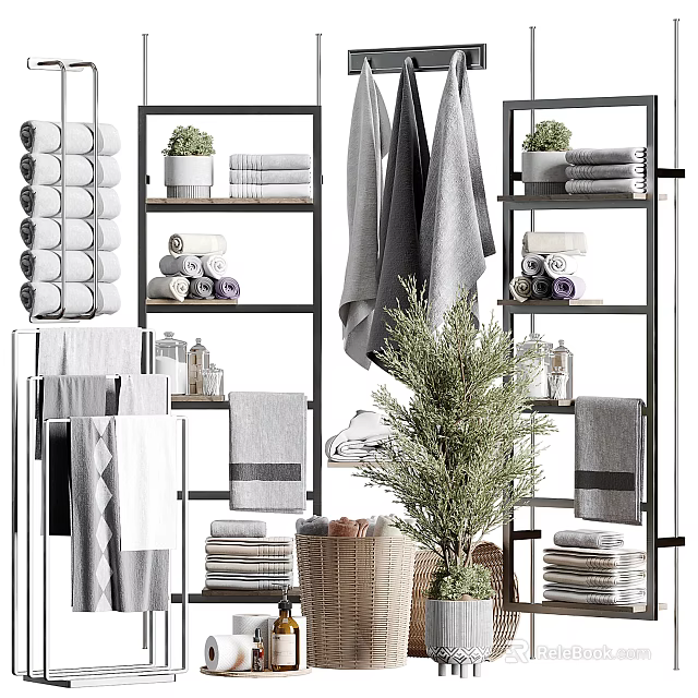 Tidy Bathroom Cabinet Rack With Folded And Hanging Towels Potted Plant Storage Basket And Organized Items 3d model 