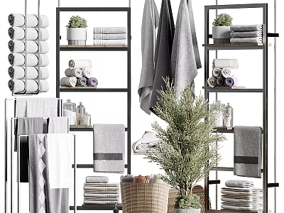 Tidy Bathroom Cabinet Rack With Folded And Hanging Towels Potted Plant Storage Basket And Organized Items 3d model