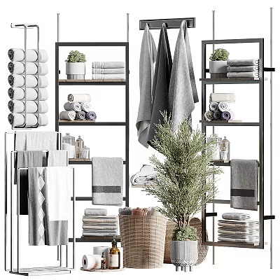 Tidy Bathroom Cabinet Rack With Folded And Hanging Towels Potted Plant Storage Basket And Organized Items 3d model