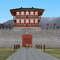 Ancient Chinese Architecture City Gate Tower With Red Flags City Wall And Camels
