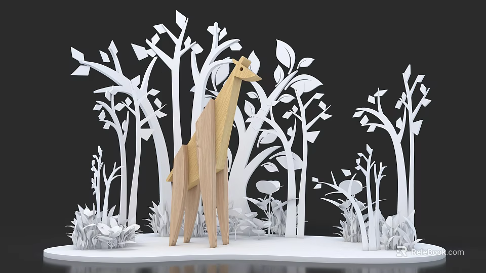 Wooden Giraffe Ornament With White Paper Cut Style Trees And Plants In Black Background 3d model 