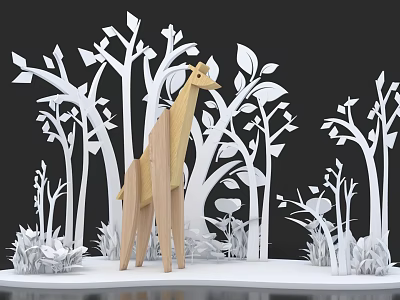 Wooden Giraffe Ornament With White Paper Cut Style Trees And Plants In Black Background 3d model