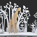 Wooden Giraffe Ornament With White Paper Cut Style Trees And Plants In Black Background