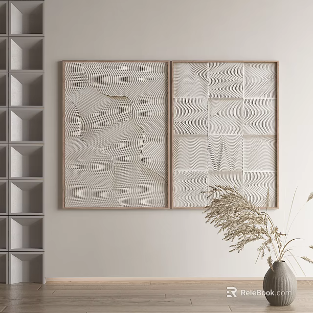 Two Panel Abstract Wall Art With Line Patterns Wooden Frames And Pampas Grass 3d model