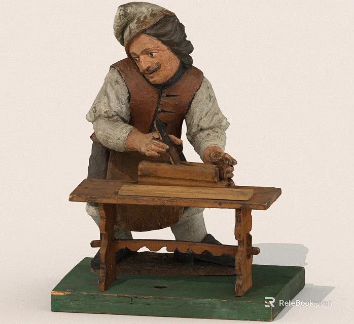 Vintage Wooden Craftsman Figurine Using Plane On Wooden Workbench 3d model 