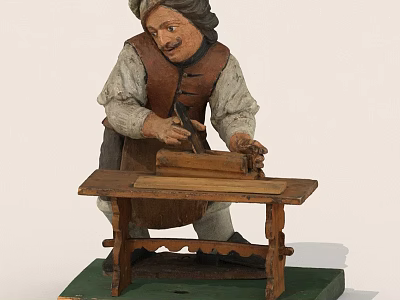 Vintage Wooden Craftsman Figurine Using Plane On Wooden Workbench 3d model