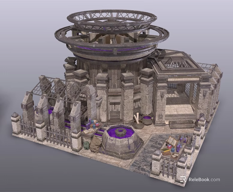 Ancient Stone Building With Multi Layered Circular Structures Decorative Pillars Purple Base And Surrounding Fencing 3d model 