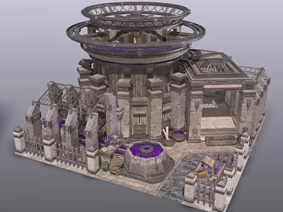 Ancient Stone Building With Multi Layered Circular Structures Decorative Pillars Purple Base And Surrounding Fencing 3d model