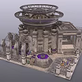 Ancient Stone Building With Multi Layered Circular Structures Decorative Pillars Purple Base And Surrounding Fencing 3d model