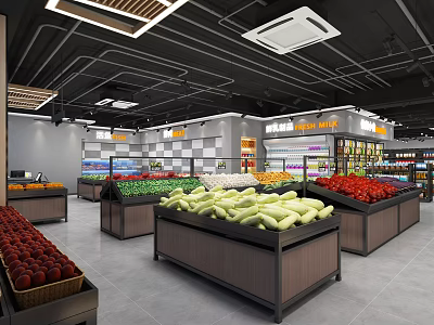 Neatly Arranged Supermarket Grocery Area With Fresh Fruits Vegetables And Display Stalls 3d model