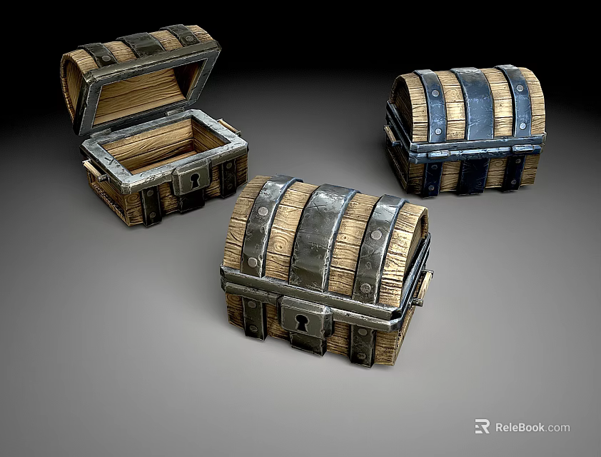 Vintage Wooden Chests With Metal Bands Latches Open And Closed Designs 3d model 