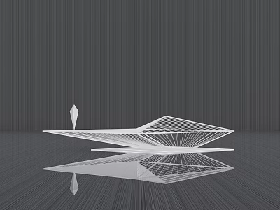 White Geometric Sculpture With Linear Structure On Reflective Dark Gray Striped Background 3d model