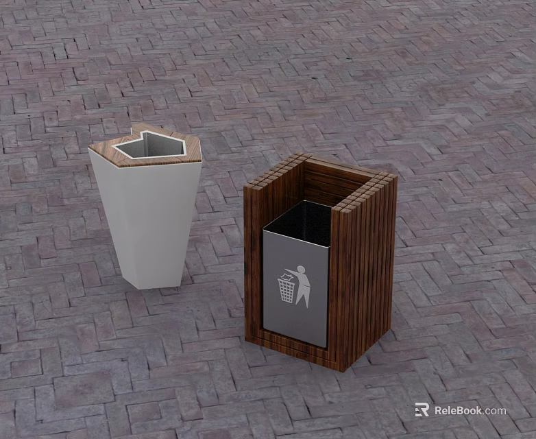 Wooden Square Trash Bin With Flat Door And Metal Liner On Brick Floor 3d model 