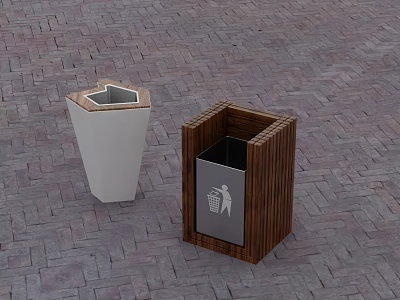 Wooden Square Trash Bin With Flat Door And Metal Liner On Brick Floor 3d model