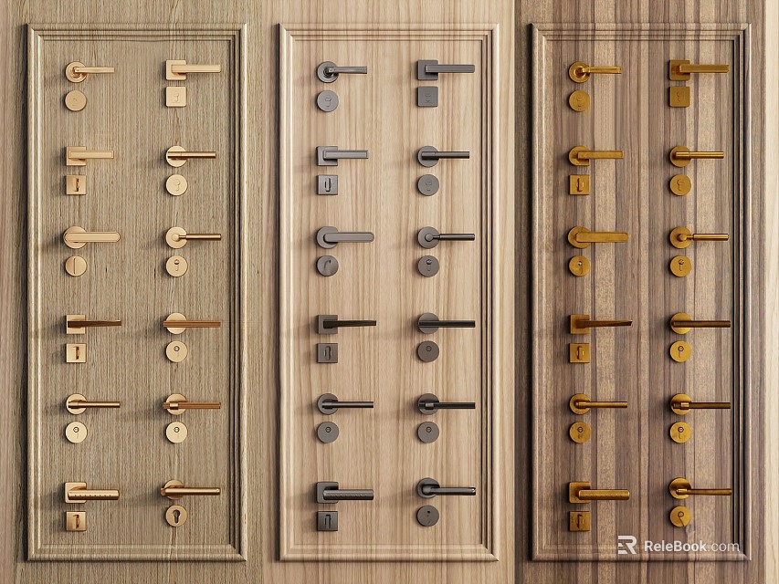 Various Designed Door Handles Displayed On Wooden Panels With Different Finishes 3d model 