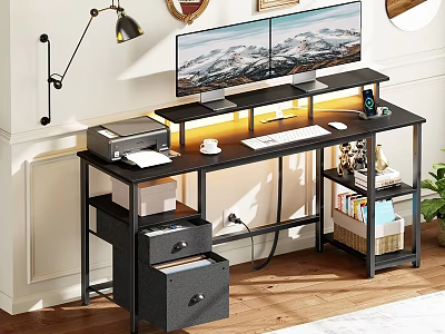 Modern Black Desk with Dual Monitors LED Light Strip Printer and Storage Drawers 3d model