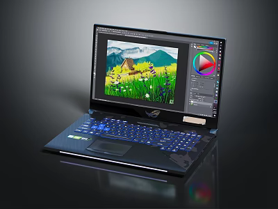 ROG Laptop For Creative Design With Blue Backlit Keyboard And Colorful Illustration On Screen 3d model