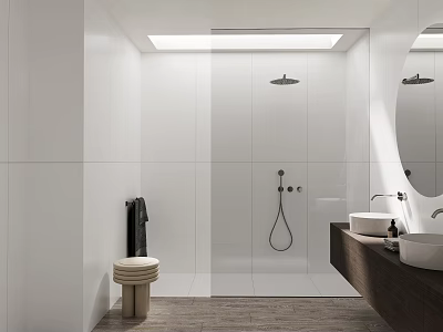 Modern Bathroom Interior With White Tiles Shower Area Double Sinks And Wooden Countertop 3d model