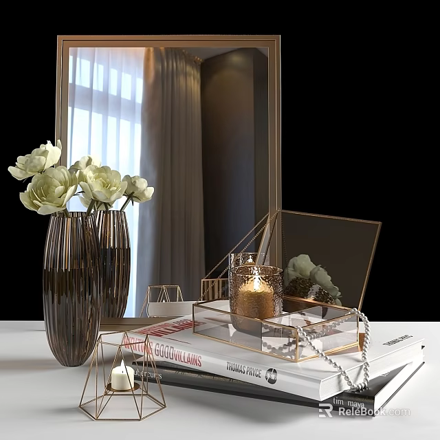 Modern Decorative Ornament Set with Vase White Flowers Transparent Tray and Candle Table Decoration 3d model 