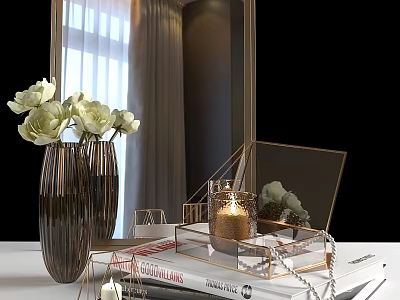 Modern Decorative Ornament Set with Vase White Flowers Transparent Tray and Candle Table Decoration 3d model