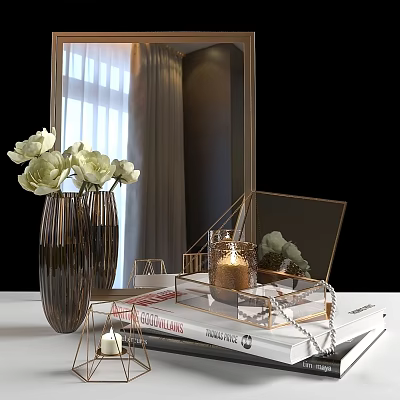 Modern Decorative Ornament Set with Vase White Flowers Transparent Tray and Candle Table Decoration 3d model