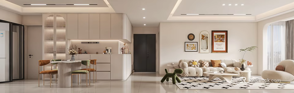 Modern Open Concept Dining and Living Room with White Cabinets Sofa Green Decor and Wall Art 3d model 