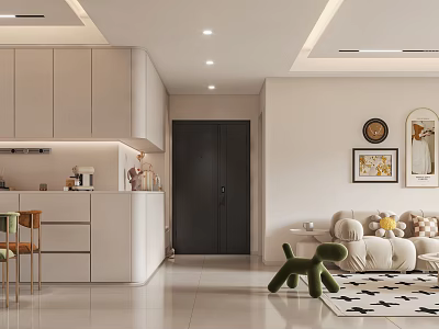 Modern Open Concept Dining and Living Room with White Cabinets Sofa Green Decor and Wall Art 3d model