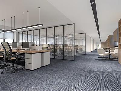 Modern Public Office Space Featuring Open Glass Partitions Desks Office Chairs Computers Carpet And Lighting 3d model