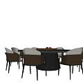 Modern Round Dining Table Set With Brown Leather Chairs And Tray Of Red Fruits
