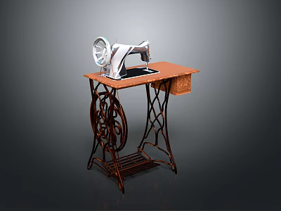 Vintage Sewing Machine On Wooden Table With Metal Parts Curved Legs And Drawer 3d model