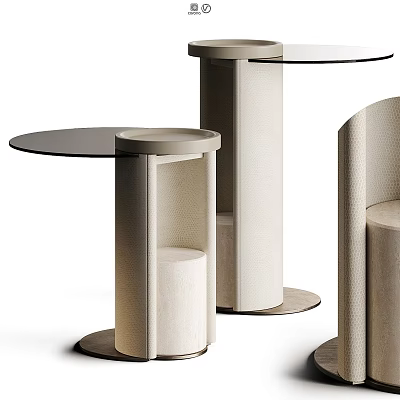 Modern Beige Leather Side Tables With Round Tops And Cylindrical Bases 3d model