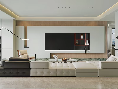 Modern Living Room Interior Design With Sectional Sofa Large Screen TV And Wooden TV Wall 3d model