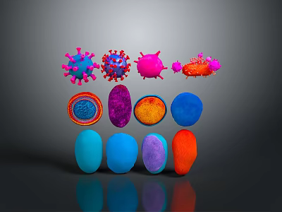 Colorful Viruses And Cell Structures With Various Colors Shapes Arranged In Three Rows 3d model