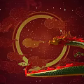 Flying Dragon Creature With Green Red Scales On Red Background With Clouds And Stars