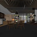 Modern Cafe Interior With Wooden Ceiling Pendant Lights Tables And Pastry