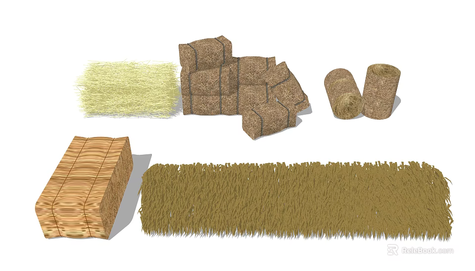 Natural Straw Bales and Hay Bundles with Woven Mat for Decoration 3d model 