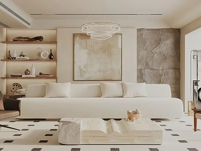 Modern Living Room Interior With White Sofa Marble Coffee Table Abstract Painting And Stone Wall 3d model