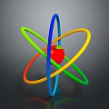 3D Atomic Structure Model With Central Red Sphere And Colorful Hoops Blue Green Yellow Orange