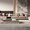 Modern Living Room Interior Design With Beige Sofas Marble Coffee Table Fireplace And Decorative Painting
