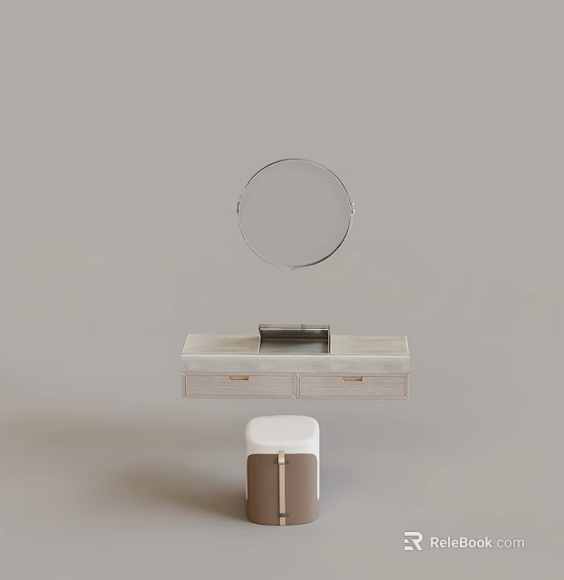 Modern Dressing Table with Round Mirror White Countertop Drawers and White Stool 3d model 