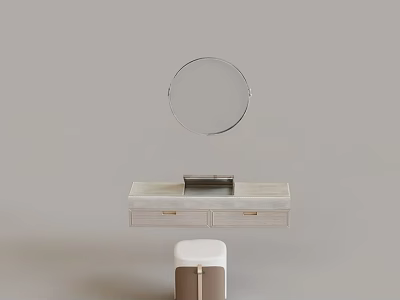 Modern Dressing Table with Round Mirror White Countertop Drawers and White Stool 3d model