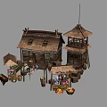 Cartoon Scene of Rustic Wooden House With Market Stalls And Fresh Fruits Vegetables