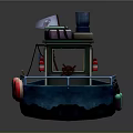 Small Blue Cargo Boat Featuring Cabin Packages Chimney Lifebuoy And Oar