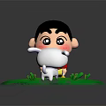 Cartoon Boy Playing With Little White Dog On Green Grass Field