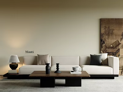 Minimalist White Sofa and Dark Coffee Table Set with Decorative Pillows Table Lamp and Wall Art 3d model