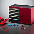 Red Tool Cabinet With Multiple Drawers And Scattered Hardware Tools For Workshop 3d model