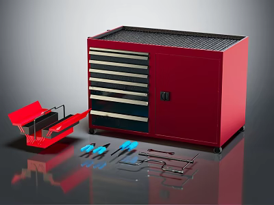 Red Tool Cabinet With Multiple Drawers And Scattered Hardware Tools For Workshop 3d model