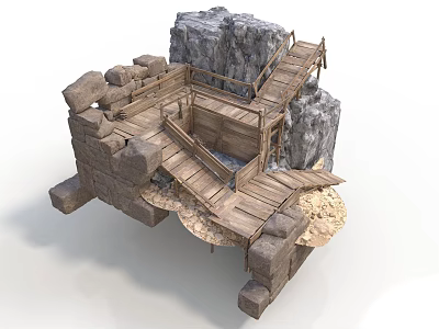 Modern Natural Style Rock Structure With Wooden Pathway And Scenic Platform 3d model