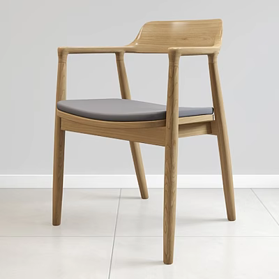 Modern Wooden Dining Chair with Armrests and Grey Padded Seat Design 3d model